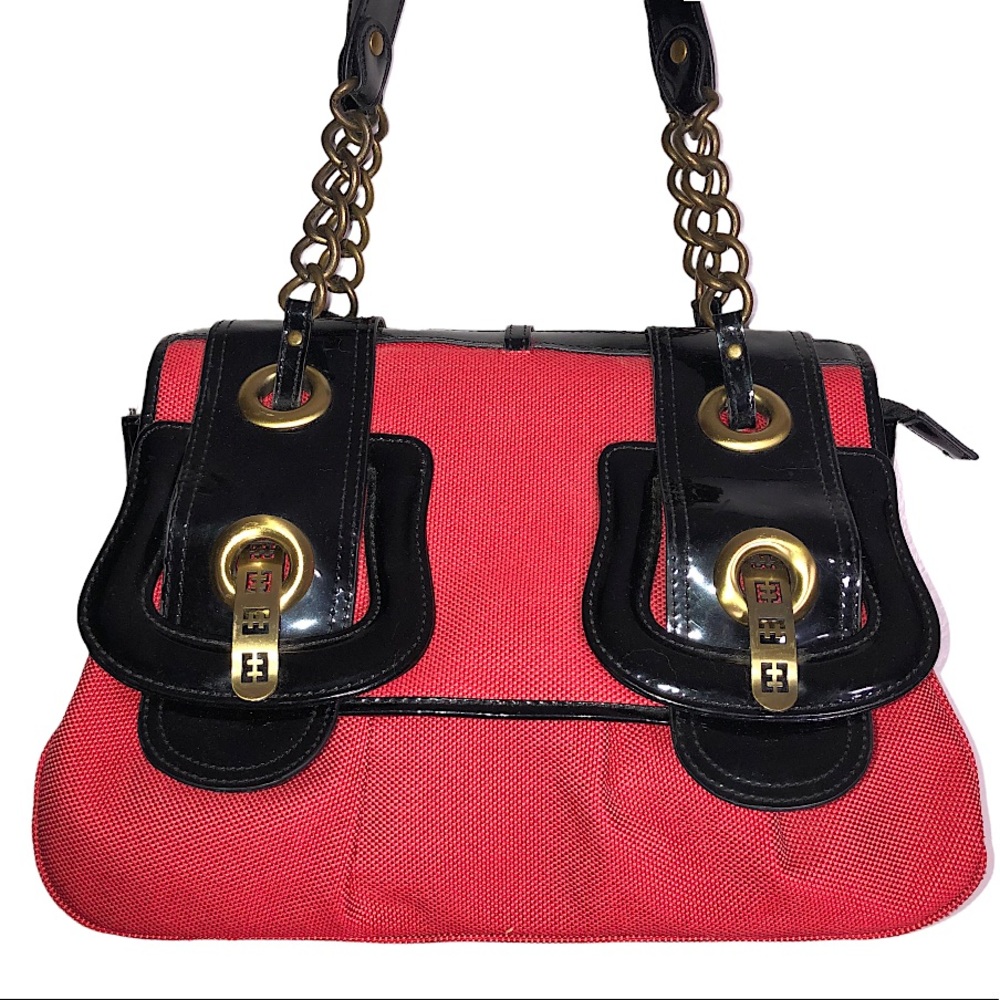 Black & Red Vintage Double Clasp Chain Accented Hand Bag